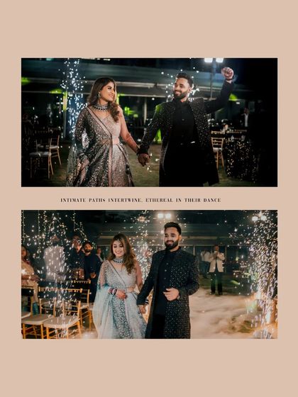 A collage of the couple's grand entrance, walking through a path of cold pyrotechnics, and their romantic dance.