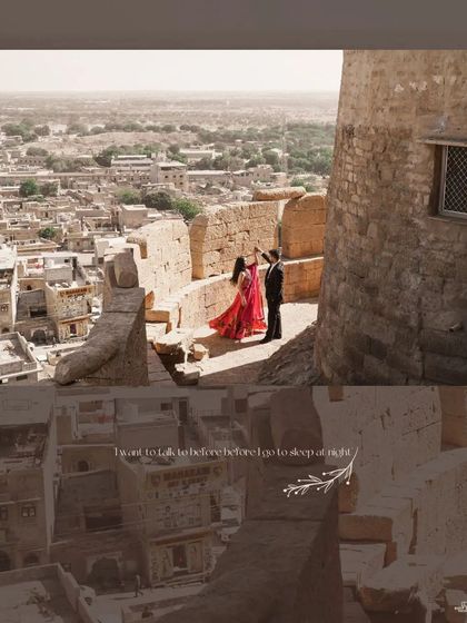 A collage showing a couple overlooking the city from the Jaisalmer fort, capturing the vastness of the landscape and the intimacy of the moment.