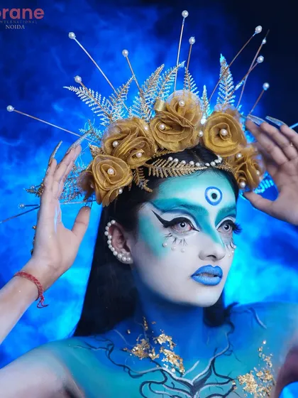 The full composition of the celestial goddess look, a perfect centerpiece for a fantasy makeup portfolio.