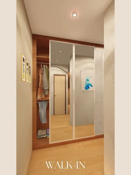 A walk-in closet should be both functional and beautiful. Here, I designed a compact yet efficient space using warm wood tones and a full-length mirrored door to create a sense of spaciousness while providing ample storage.