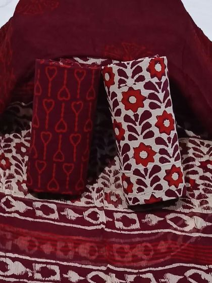 This is a pure cotton, cool, block print suit fabric set with a pure chiffon dupatta. It's a perfect smart ethnic wear option for summers.