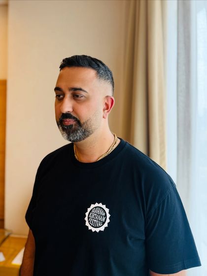 Another look at the sharp, clean haircut I created for musician Radhika Dasa.