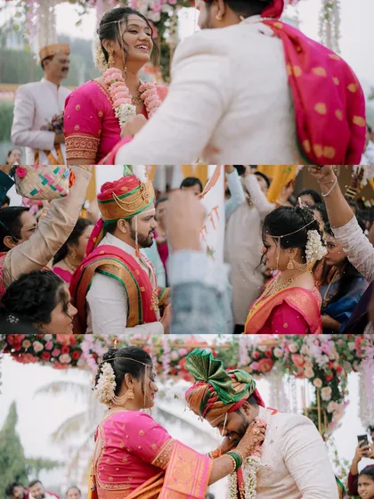 A collage of the 'varmala' and other wedding rituals, filled with smiles and happy tears.