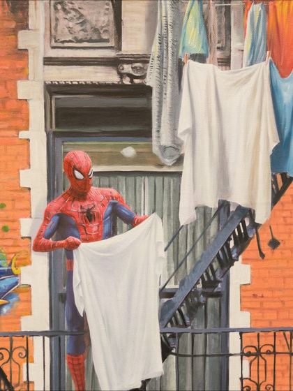 A detail from "Ordinary Powers," where Spider-Man is seen doing his laundry on a fire escape, a humorous take on the hero's daily life.