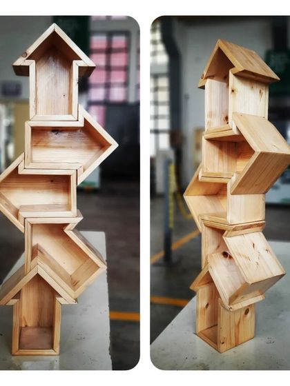 This creative arrow-shaped shelving unit is a fun home decor item made by one of our students, demonstrating how basic woodworking skills can be used for artistic expression.