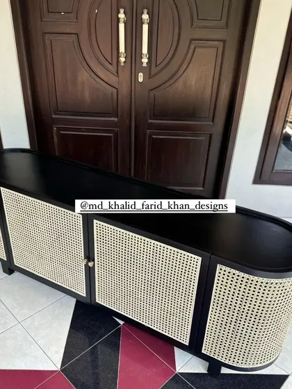 A top-down view of the unique oval sideboard.