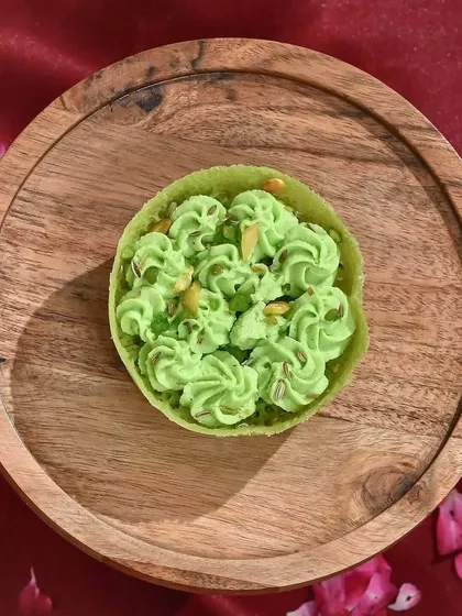 Pistachio dreams on a crispy cloud. My handcrafted pistachio ghewar is a royal blend of tradition and indulgence, perfect for Teej celebrations.