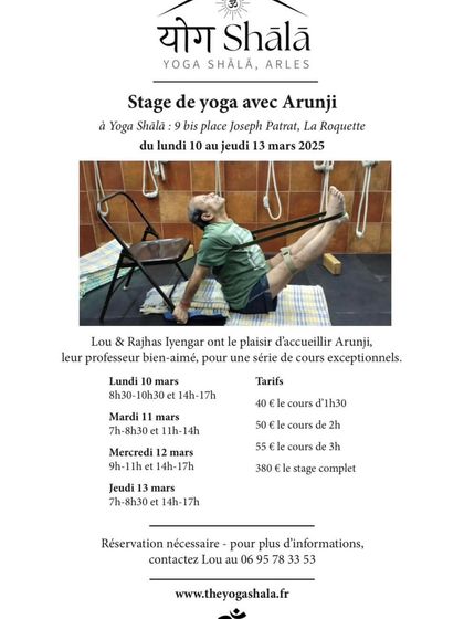 An announcement for my "Stage de yoga" (yoga course) at Yoga Shala in Arles, France.