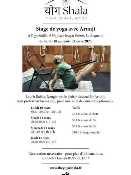 An announcement for my "Stage de yoga" (yoga course) at Yoga Shala in Arles, France.