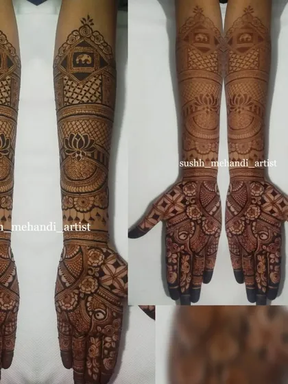 A collage showing a full bridal design and its beautiful stain progression. The pattern includes elephants, lotuses, and detailed finger work.
