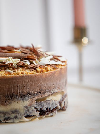 A close-up view of the luscious, melting layers of an ice cream cake. This image captures the pure magic of cake, cream, and chocolate coming together.