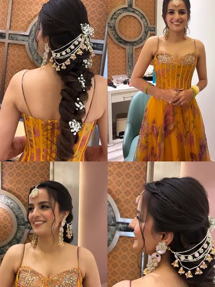 A collage showing the floral braid from multiple angles, along with the bride's happy face. It's a complete picture of a perfect Mehendi look.
