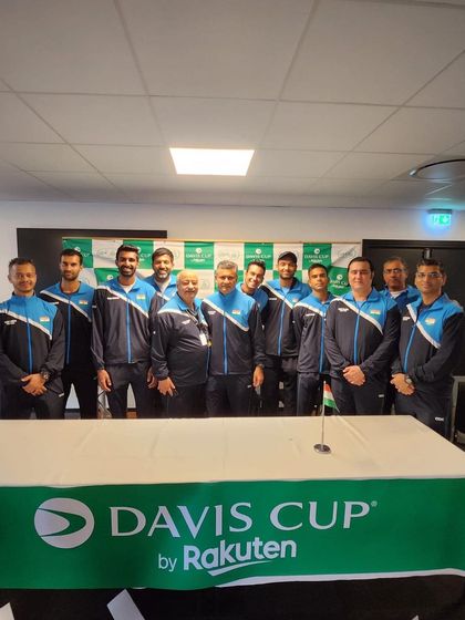 When work takes you places. The Indian team at a Davis Cup press conference in Denmark. It's a privilege to be part of these international tours as the team's sports physio.