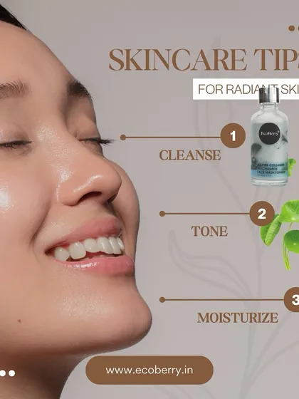 Skincare tips for radiant skin. Just follow these three simple steps: cleanse, tone, and moisturize with my natural products.