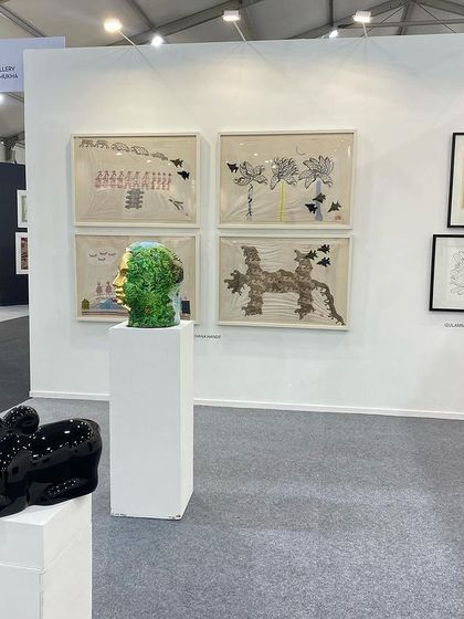 An installation view of our Art Mumbai booth, showing works by Archana Hande and Arunkumar H G.