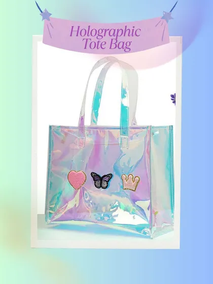 Shine bright with our personalised holographic travel tote bag. This spacious and water-resistant bag can be customised with fun patches and your initials.