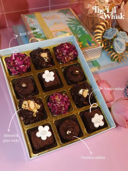 We are obsessed with creating unique flavor combinations. This assorted Indian fusion sweets box features some of our favorites like Rose Gulkand, Tiramisu Mithai, and Almond Pista Rocks, all in one beautiful package.
