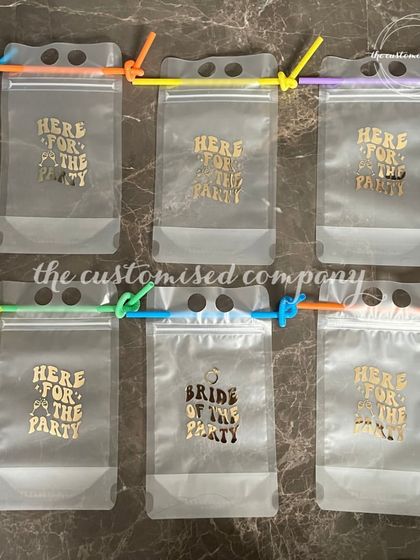 Unleash the fun with these "Here for the Party" drink pouches. They are a great, reusable favor for guests at a bachelorette party, mehendi, or cocktail night.