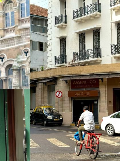 A collage capturing a classic Mumbai street scene with a cyclist, a taxi, and heritage buildings.