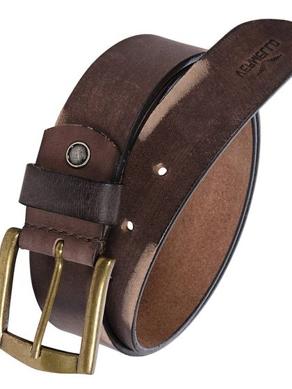 A close-up of a genuine leather belt with a two-tone distressed brown finish and an antique brass buckle. The natural variations in the leather ensure each piece is unique.