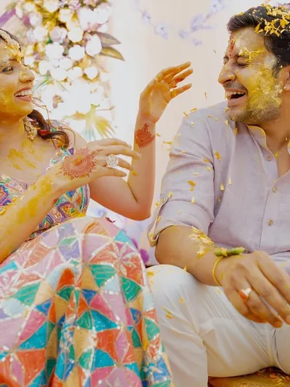A candid moment of laughter between the couple during their Haldi. My goal is to create a relaxed and happy environment where these beautiful memories are made.
