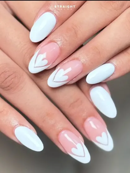 A clean and modern design featuring a crisp white base with negative space hearts outlined in silver.