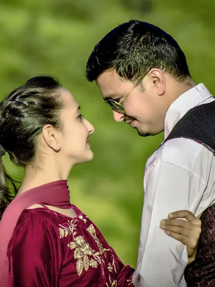 A classic romantic pose. The way this couple looks at each other tells a story of love and affection, captured forever in their pre-wedding album.