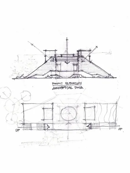 Conceptual sketches for the Pechimuthu Memorial, showing the front elevation and plan. Our process for public architecture begins with symbolic forms that evoke emotion and memory.