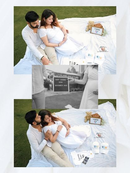 A collage capturing the love and excitement of an outdoor maternity session. It shows the couple together, a close up of the announcement sign, and tender moments.