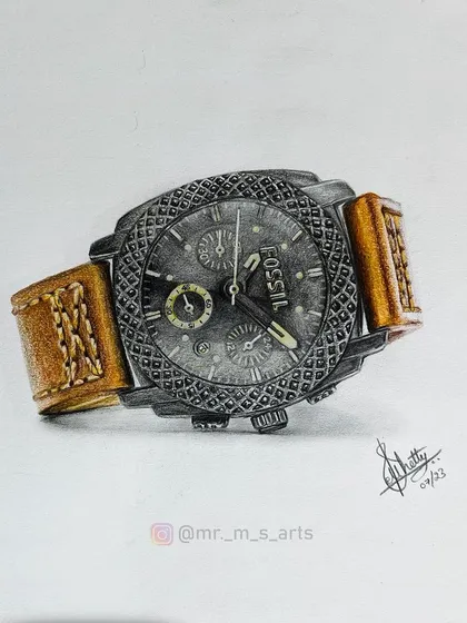 My color pencil skills aren't just for portraits. Here is a hyper-realistic drawing of a Fossil watch, where I've meticulously recreated every detail from the textured dial to the leather strap. I can bring any product or object to life on paper.