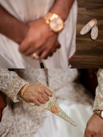 A collage of the groom's accessories. The traditional sword, elegant shoes, and classic watch are all important details that complete his wedding day look and tell a story of regal elegance.