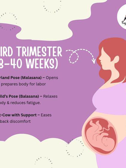 As you approach your due date in the third trimester, our focus shifts to opening the hips and relaxing the body. Poses like Garland Pose (Malasana) prepare you for labor, while Child's Pose (Balasana) helps reduce fatigue.