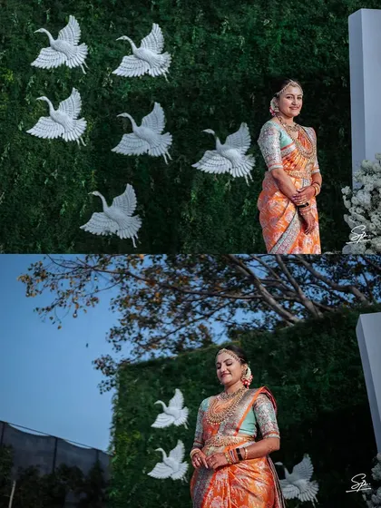 A bridal portrait set against a modern decor element, showing how we incorporate the wedding environment into our shots.
