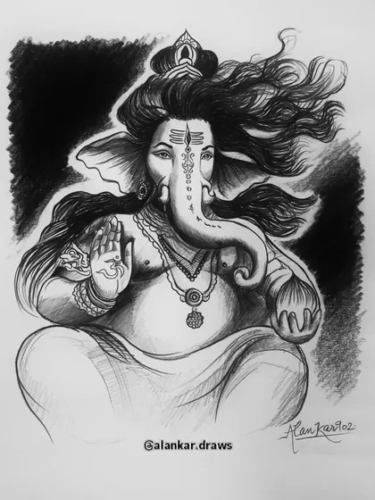 Bolo Ganpati Bappa Morya! A powerful black and white sketch of Lord Ganesha in a blessing pose. I used charcoal to create a dramatic background, emphasizing his divine presence.