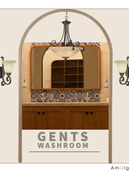 This proposal render for the gents' washroom visualizes the final design intent. It showcases the arched entryway, classic light fixtures, and the combination of patterned tiles and warm wood that define the space's colonial-inspired aesthetic.