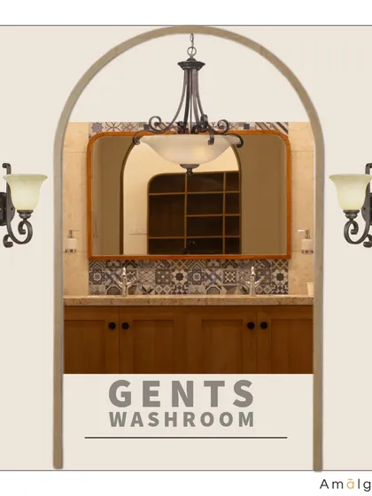 Our design proposal for the gents' washroom entrance. The arched view framed by classic sconces immediately establishes the elegant, heritage-inspired aesthetic of the space.