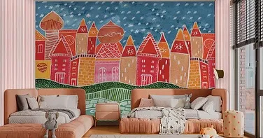 A colorful and artistic depiction of a fantasy cityscape. This vibrant mural adds a creative and imaginative touch, making it a wonderful backdrop for a shared kids' bedroom.