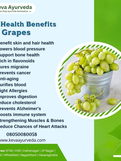 This graphic lists 15 health benefits of grapes, a fruit celebrated in Ayurveda. Grapes can benefit skin and hair health, lower blood pressure, support bone health, and are rich in flavonoids that fight disease.