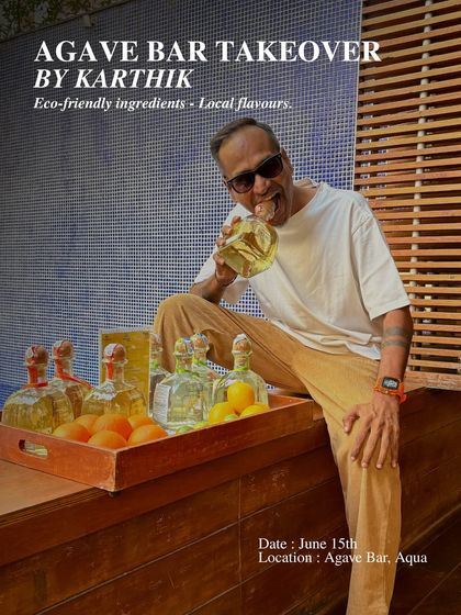 A promotional shot for our Agave Bar Takeover with mixologist Karthik. This image captures the fun, eco-friendly, and local flavor focus of our poolside events at Aqua.