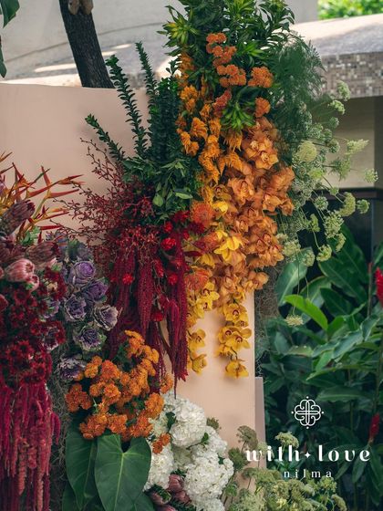 A detail of the floral wall from the 'Garden of Gaia' event, showing the rich textures and colors.
