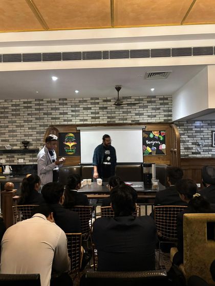 Our trainer addressing students at Sushant University. We conduct workshops for hospitality students to give them a practical edge in the industry.
