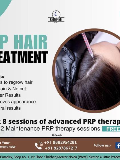 This graphic outlines the benefits of our PRP hair treatment, emphasizing that it helps regrow hair with no pain or cuts, delivering faster, natural results. We also feature a special offer for our clients.