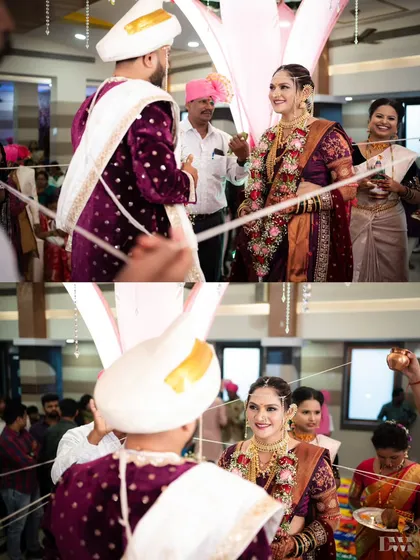 The Antarpat ritual during Akash and Kshitija's Marathi wedding. The bride's smile as she sees her groom for the first time is a priceless moment.