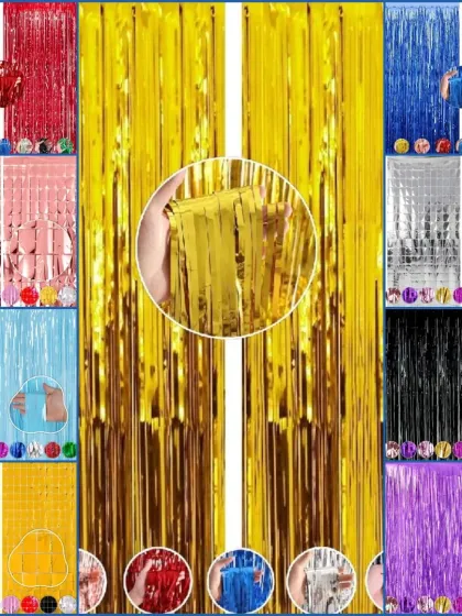A collage showing the different colors available for shimmer foil curtains to use as backdrops.