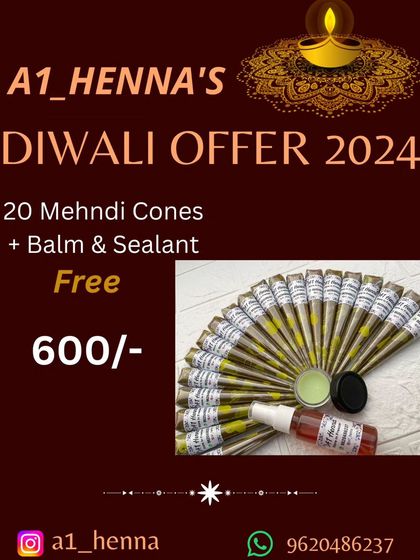 A fantastic Diwali offer: get 20 of my organic mehndi cones and receive a free aftercare balm and sealant spray to ensure a dark, lasting stain.