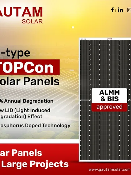 Our ALMM & BIS approved N-type TOPCon Solar Panels are engineered for large projects. With annual degradation under 1% and advanced phosphorus-doped technology, they offer a reliable solution with low Light Induced Degradation (LID) effect.