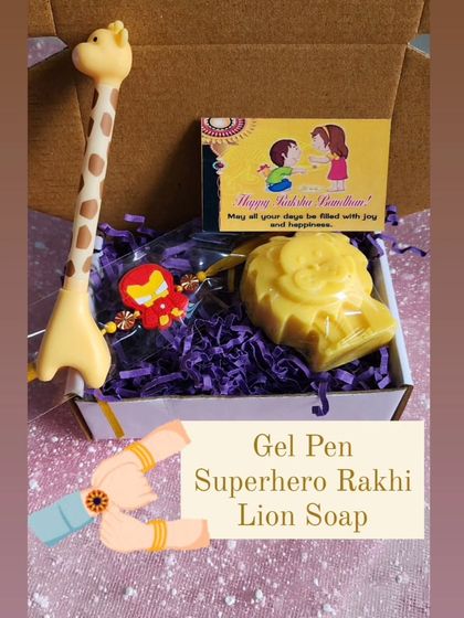 A fun Rakhi hamper for a little brother, featuring a lion-shaped soap, a superhero rakhi, and a cute giraffe pen.