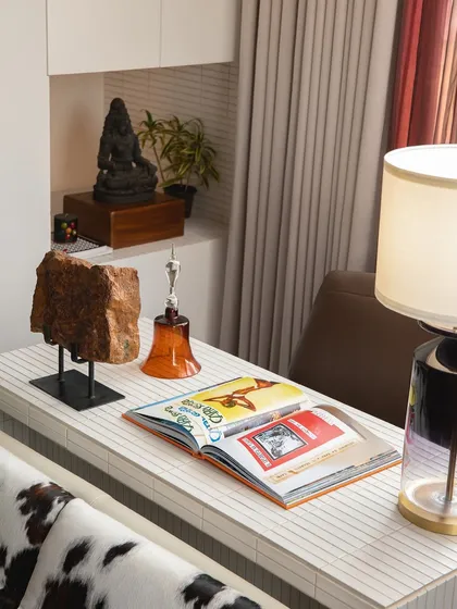 The study corner of a master suite in a Navi Mumbai apartment. I designed this space to seamlessly combine functionality and luxury, creating a cozy retreat for focus and creativity.