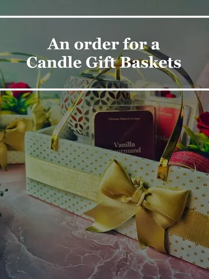 An order of my candle gift baskets, ready for a client. These hampers are perfect for any occasion, combining my hand-poured candles and wax melts into a beautifully presented package.