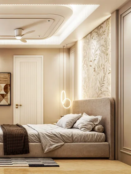 A bedroom visualization with a soft, neutral palette. The render highlights the botanical wallpaper and the modern, ring-shaped pendant lights.